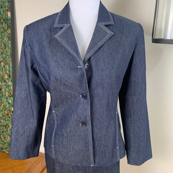 New Vintage Size 4 2-Piece Skirt Suit w/ Blazer Jacket Dark Blue Denim Classic - Picture 4 of 11